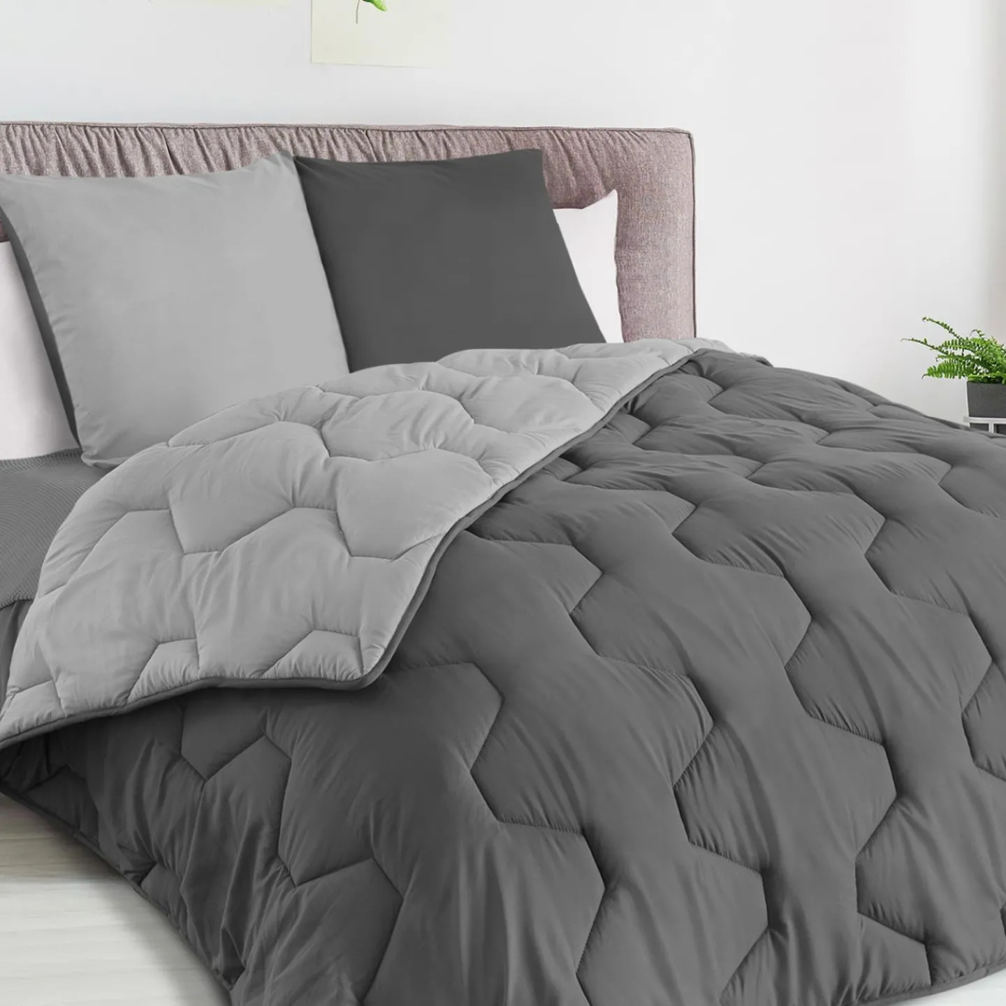 Pack couette oreiller 220x240 cm bicolore gris clair et foncé*IDMarket