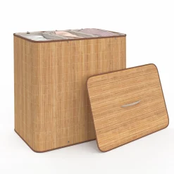 Panier à linge 3 bacs amovibles bambou et tissu*IDMarket Sale