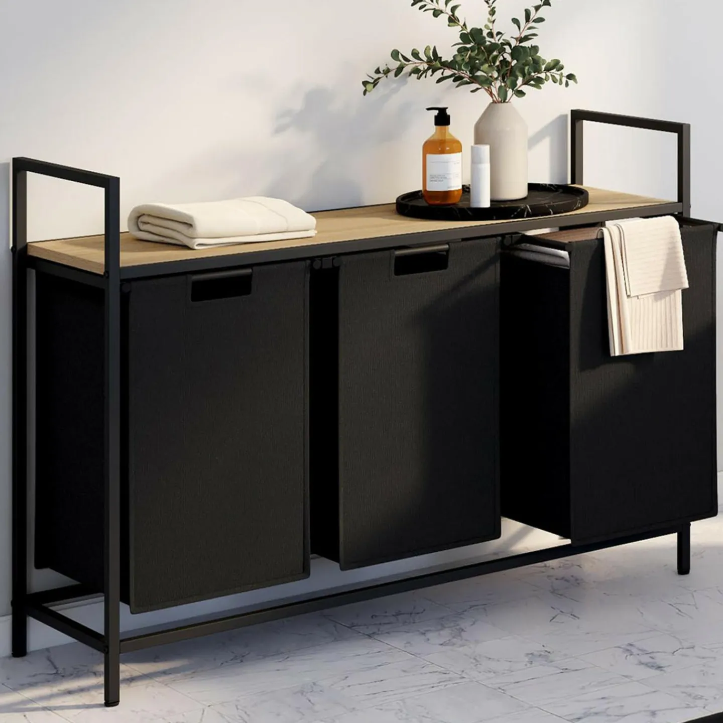 Panier à linge 3 bacs DETROIT tissu noir design industriel*IDMarket Sale