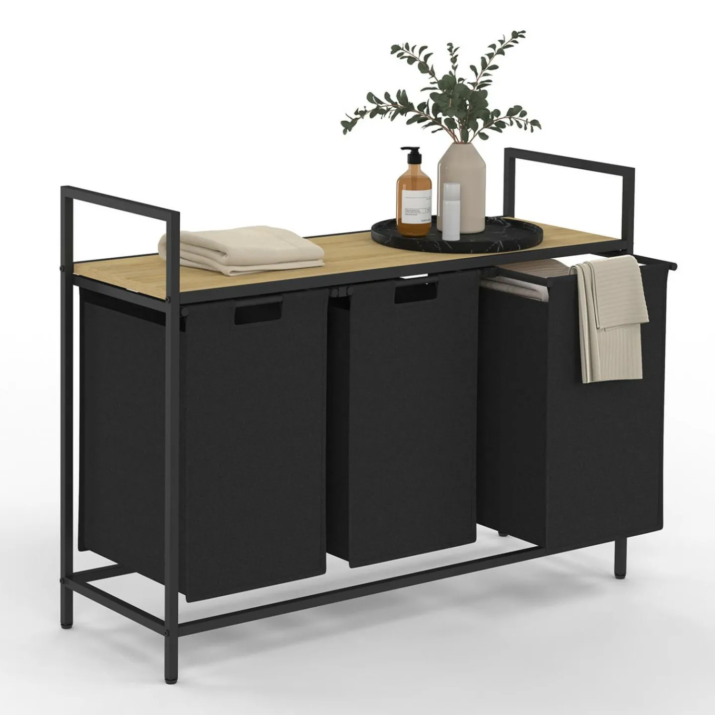 Panier à linge 3 bacs DETROIT tissu noir design industriel*IDMarket Sale