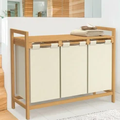 Panier à linge bambou 3 bacs tissu écru*IDMarket Clearance