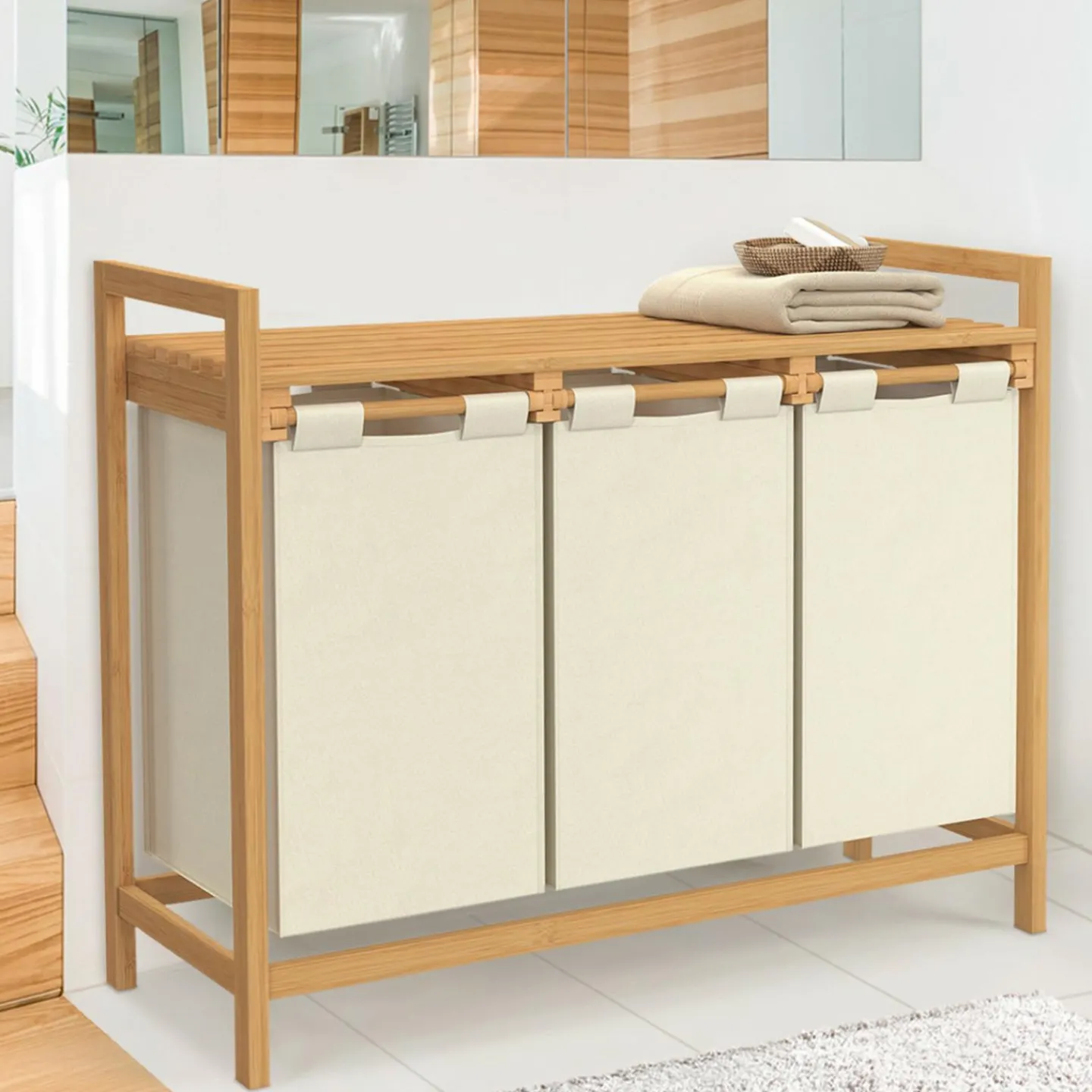 Panier à linge bambou 3 bacs tissu écru*IDMarket Clearance