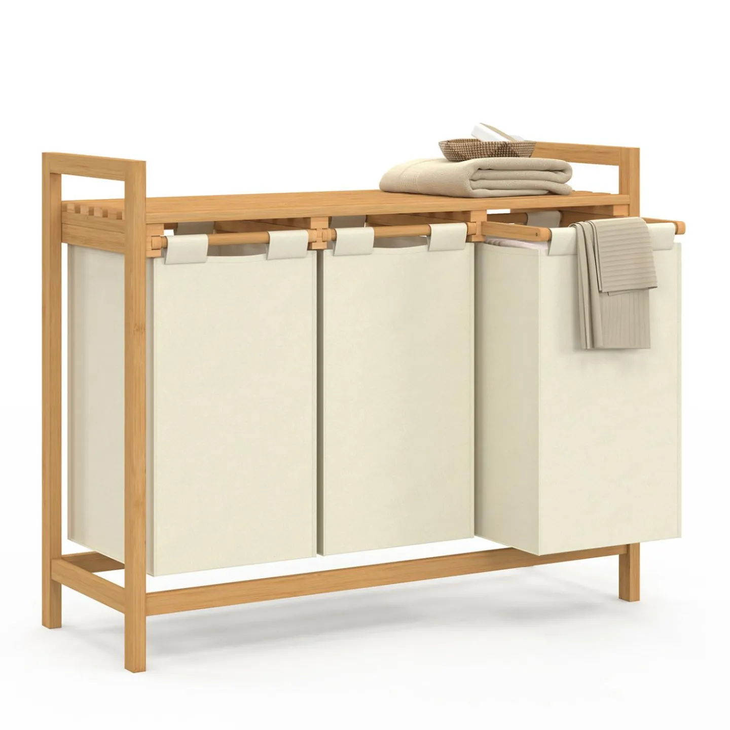 Panier à linge bambou 3 bacs tissu écru*IDMarket Clearance