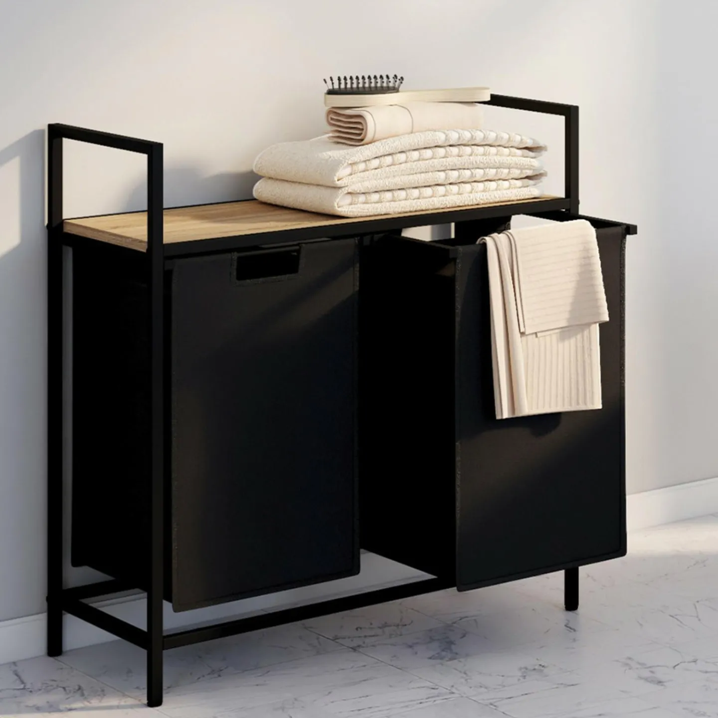 Panier à linge en tissu noir avec 2 bacs*IDMarket Clearance