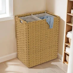 Panier à linge 140L 2 bacs amovibles effet rotin et tissu*IDMarket Online