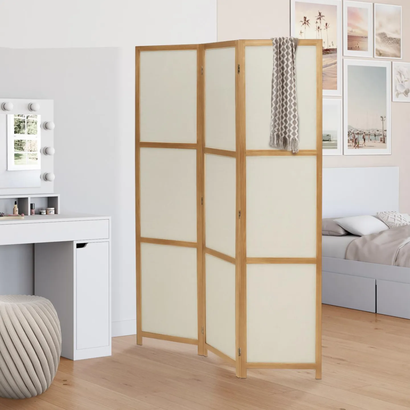 Paravent rétractable intérieur décoratif en bois et tissu beige*IDMarket Best