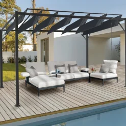 Pergola acier lames orientables avec 4 stores gris 3x3 m*IDMarket