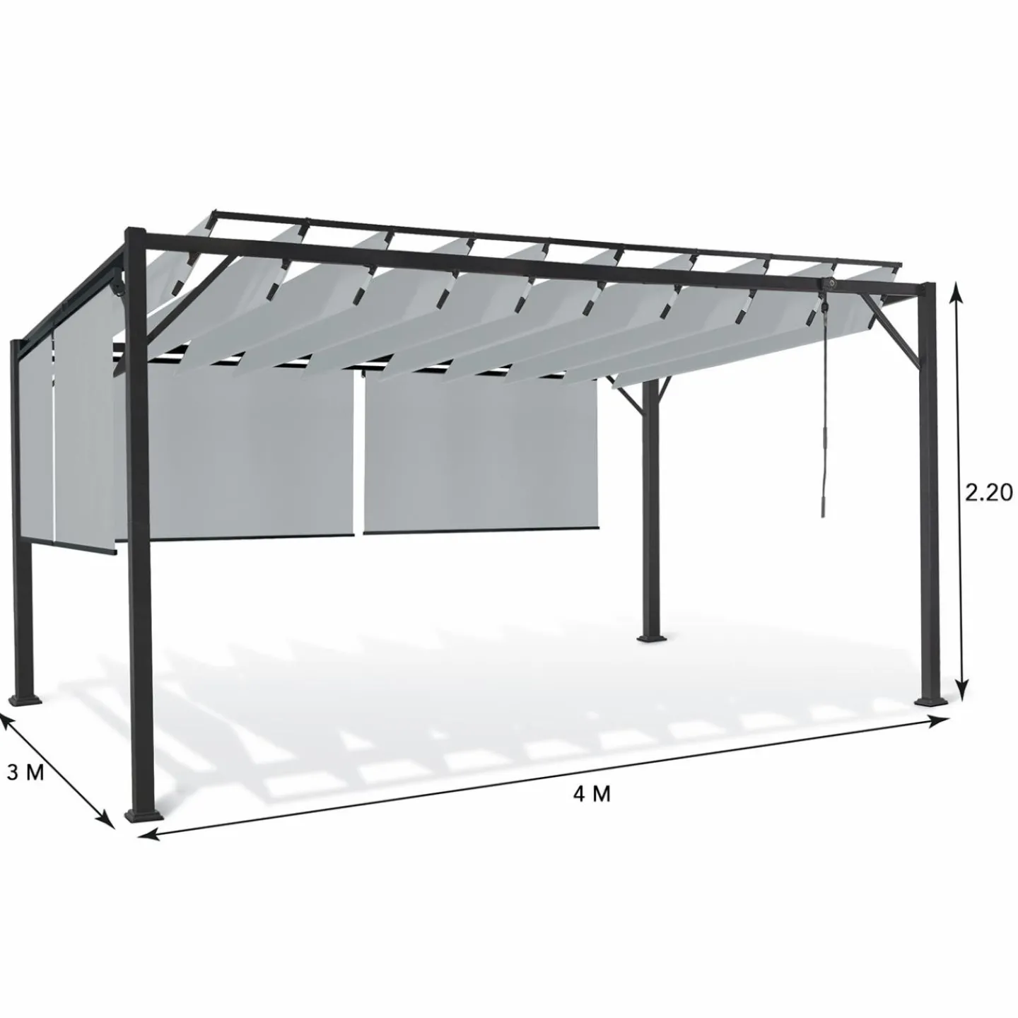 Pergola acier lames orientables 3x4 m avec 4 stores gris clair*IDMarket