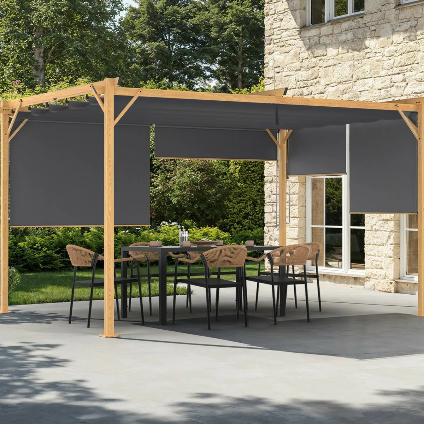 Pergola effet bois 3x4 M toit rétractable et 4 stores gris anthracite*IDMarket