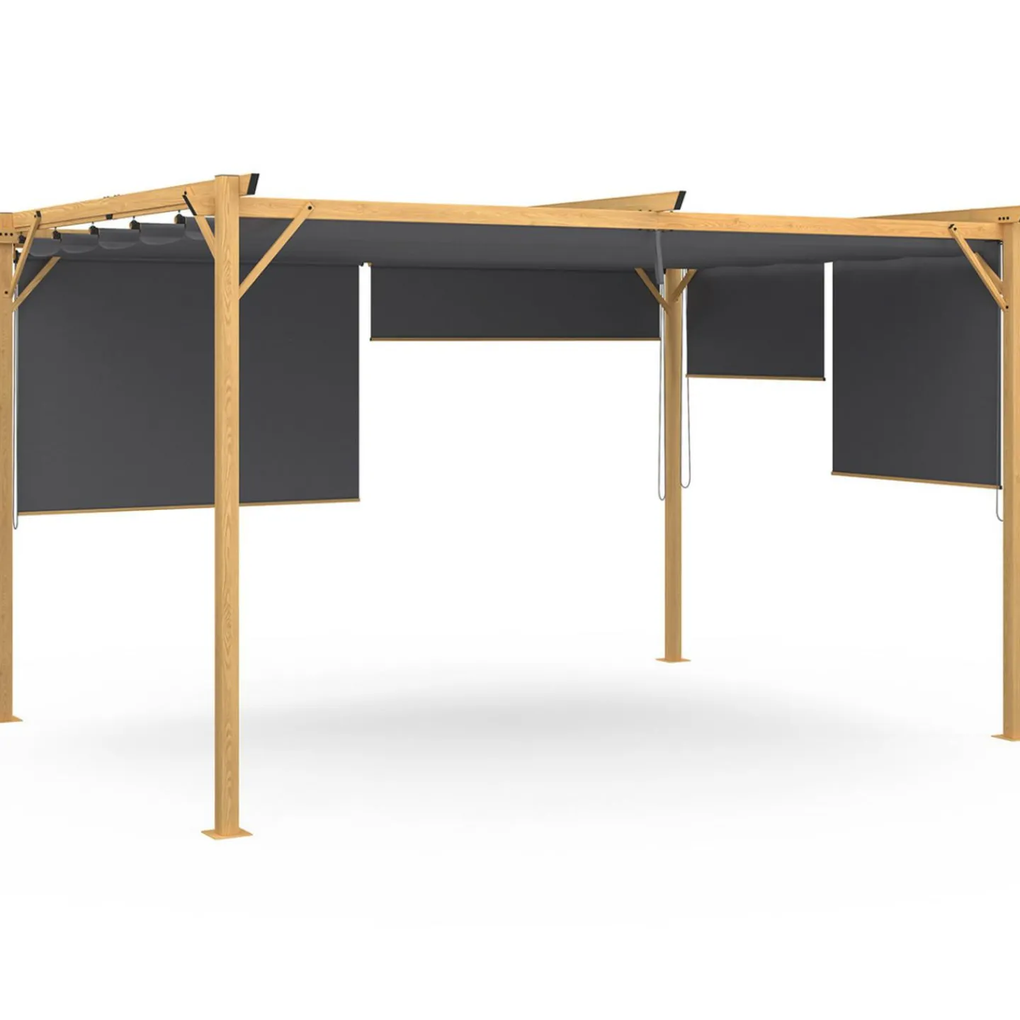 Pergola effet bois 3x4 M toit rétractable et 4 stores gris anthracite*IDMarket