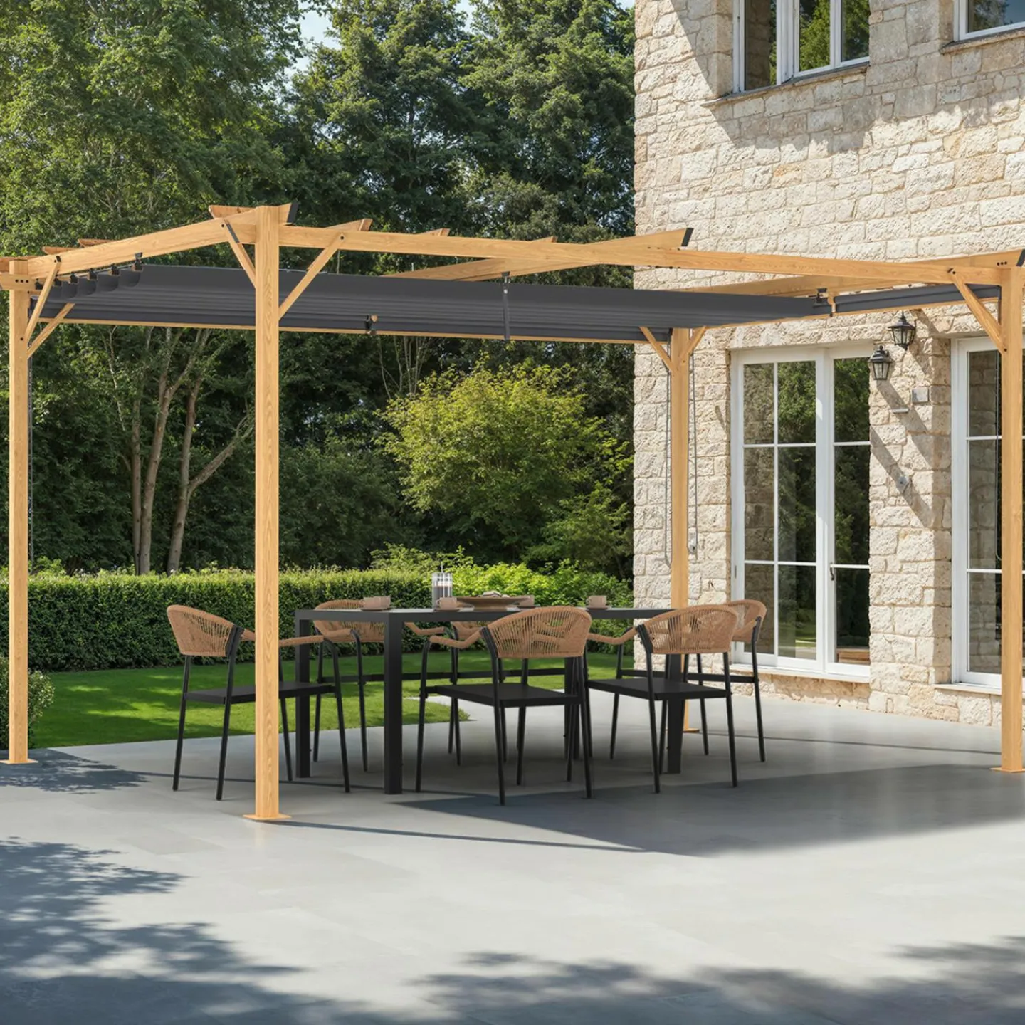 Pergola effet bois 3x4 M toit rétractable et 4 stores gris anthracite*IDMarket