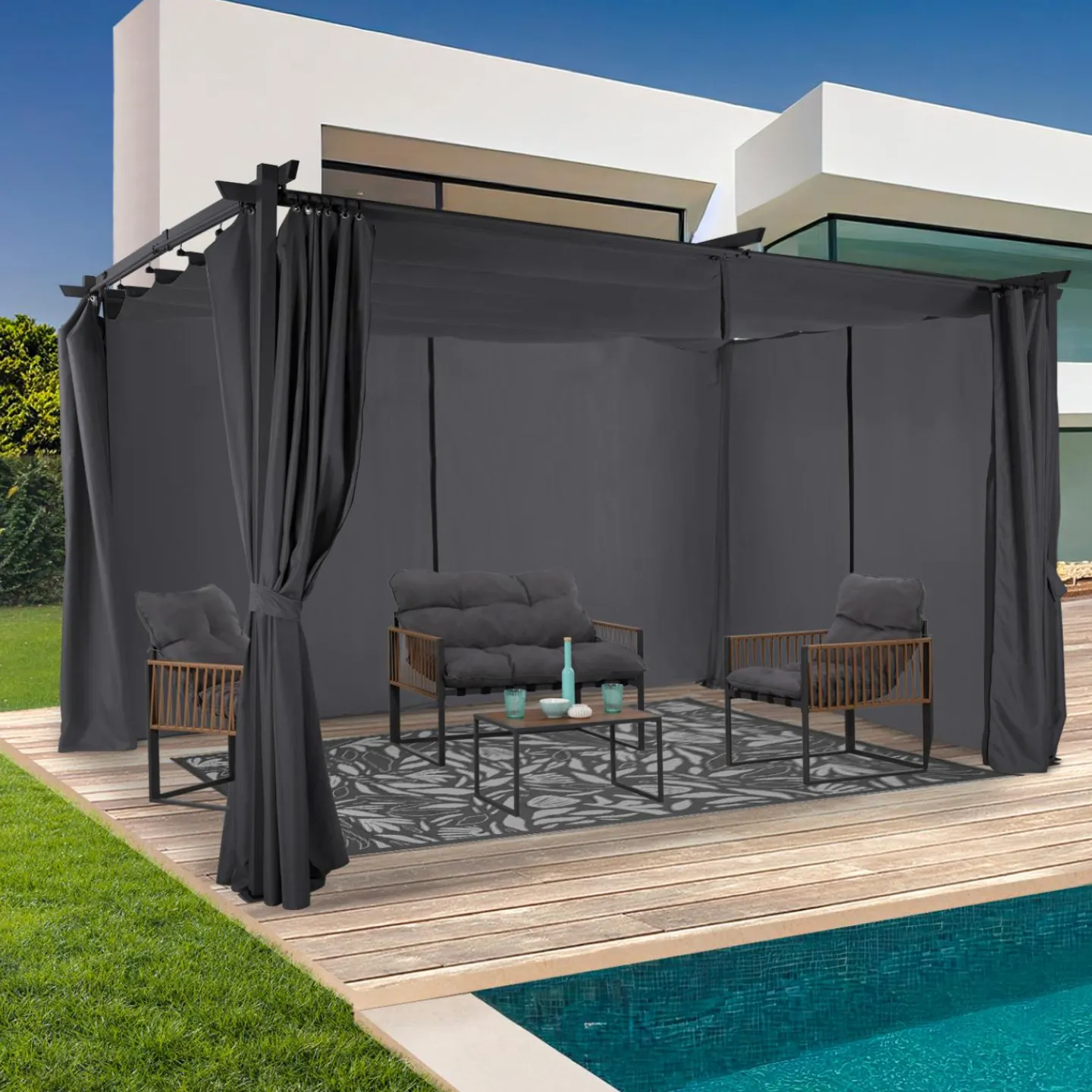 Pergola toit rétractable 3x4m gris avec 4 rideaux*IDMarket Sale