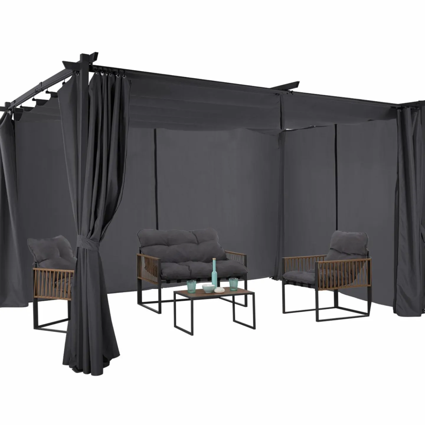 Pergola toit rétractable 3x4m gris avec 4 rideaux*IDMarket Sale