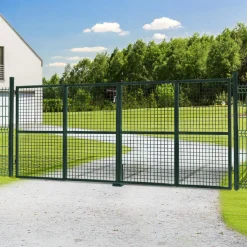 Portail battant grillagé en acier vert 3M15 x 1M50 avec serrure et poignée*IDMarket Clearance