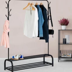 Portant vêtements en métal noir avec étagères à chaussures*IDMarket