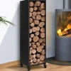 Porte-bûche intérieur 112 cm acier noir plein avec roulettes*IDMarket Sale