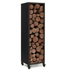 Porte-bûche intérieur 112 cm acier noir plein avec roulettes*IDMarket Sale