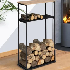 Porte-bûches intérieur vertical 33x66x112 cm en métal noir avec étagère*IDMarket Outlet