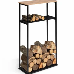 Porte-bûches intérieur vertical 33x66x112 cm en métal noir avec étagère*IDMarket Outlet