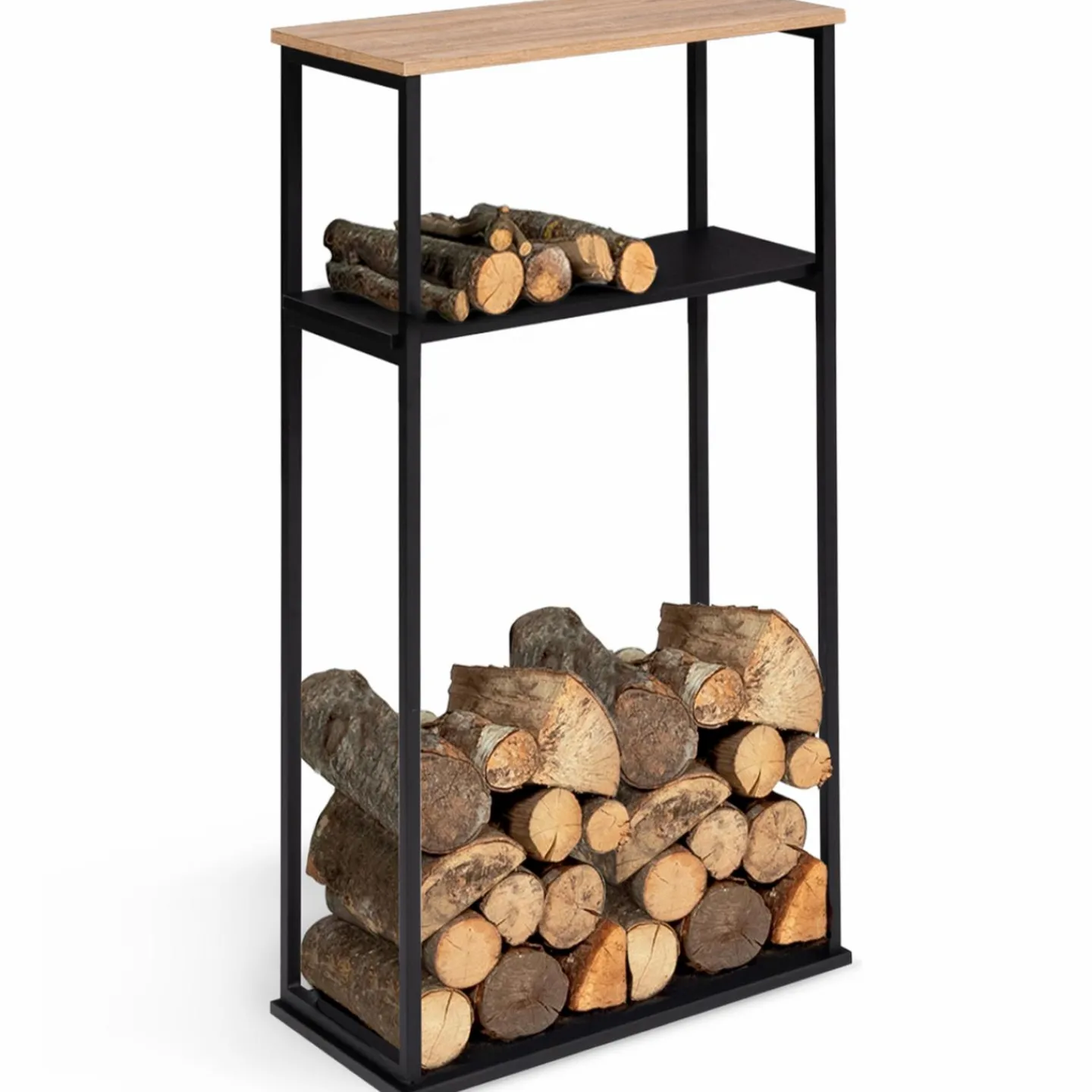 Porte-bûches intérieur vertical 33x66x112 cm en métal noir avec étagère*IDMarket Outlet