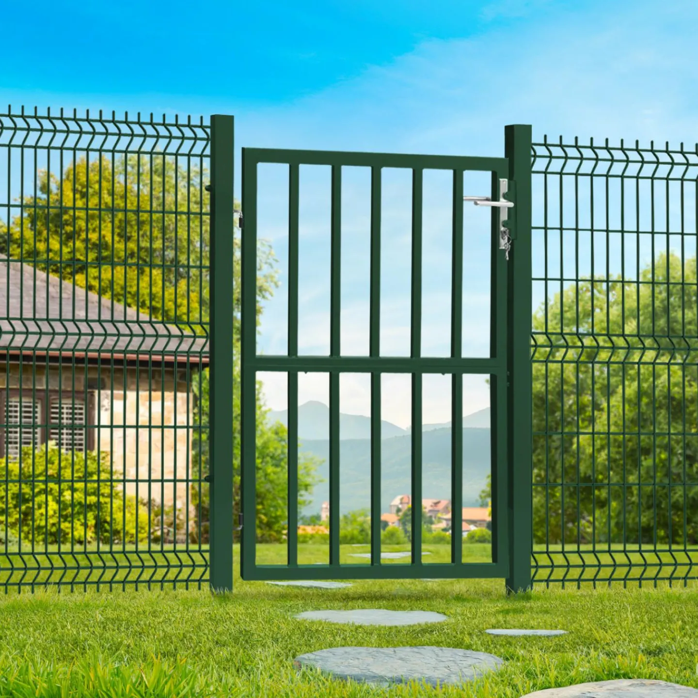 Portillon de jardin barreaudé en acier vert 105 x 125 CM avec serrure et poignée*IDMarket Discount