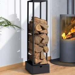 Range bûche intérieur vertical en acier noir avec tiroir*IDMarket Hot
