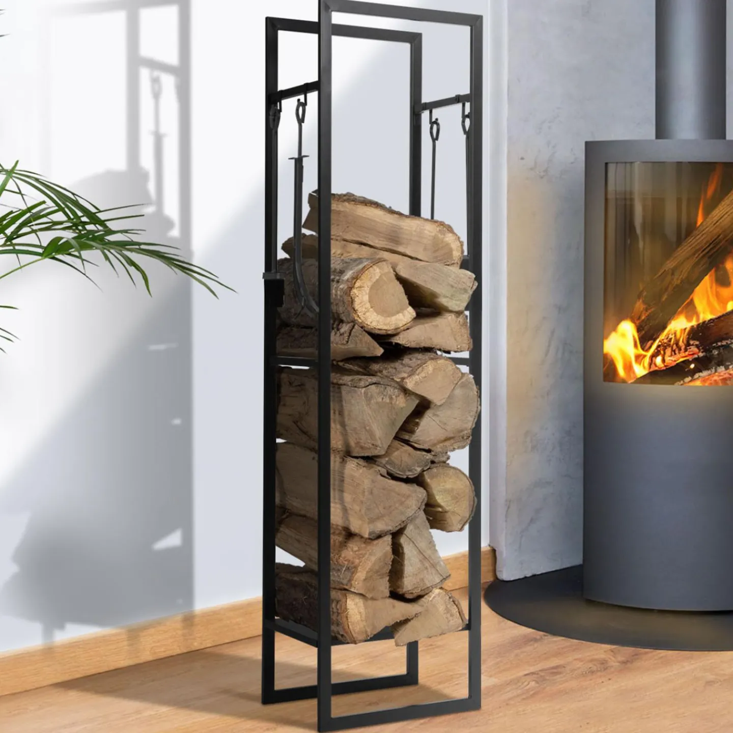 Range bûches vertical en acier noir et accessoires*IDMarket Best