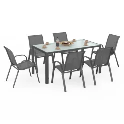 Salon de jardin 6 personnes chaises empilables gris anthracite table 150 cm*IDMarket Discount