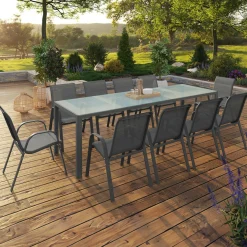 Salon de jardin 10 personnes table 240 cm plateau clair et chaises empilables gris anthracite*IDMarket