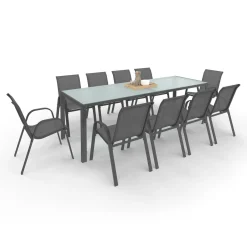 Salon de jardin 10 personnes table 240 cm plateau clair et chaises empilables gris anthracite*IDMarket