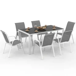 Salon de jardin 6 places avec table en verre trempé et chaises empilables*IDMarket