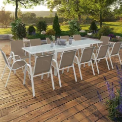 Salon de jardin avec table extensible 135-270 cm et 12 chaises empilables blanc et beige*IDMarket Online