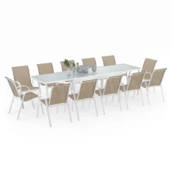 Salon de jardin avec table extensible 135-270 cm et 12 chaises empilables blanc et beige*IDMarket Online