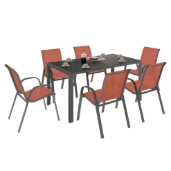 Salon de jardin avec table 150 cm et 6 chaises empilables terracotta et acier*IDMarket Online