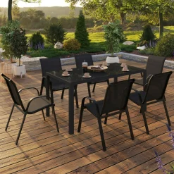 Salon de jardin avec table 150 cm et 6 chaises empilables noir et acier*IDMarket Best
