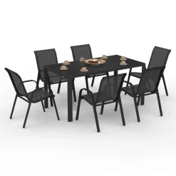 Salon de jardin avec table 150 cm et 6 chaises empilables noir et acier*IDMarket Best
