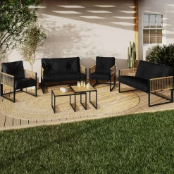 Salon de jardin bas 6 personnes canapés et fauteuils noir et cordage effet rotin clair avec tables basses*IDMarket Clearance
