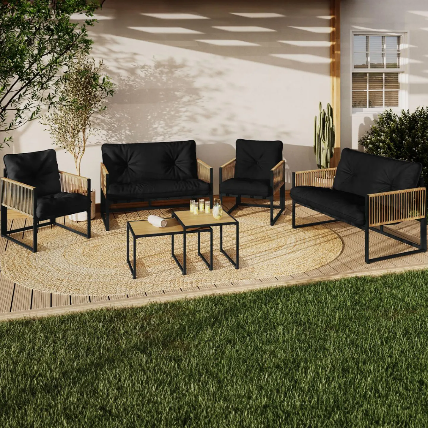 Salon de jardin bas 6 personnes canapés et fauteuils noir et cordage effet rotin clair avec tables basses*IDMarket Clearance