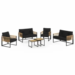 Salon de jardin bas 6 personnes canapés et fauteuils noir et cordage effet rotin clair avec tables basses*IDMarket Clearance