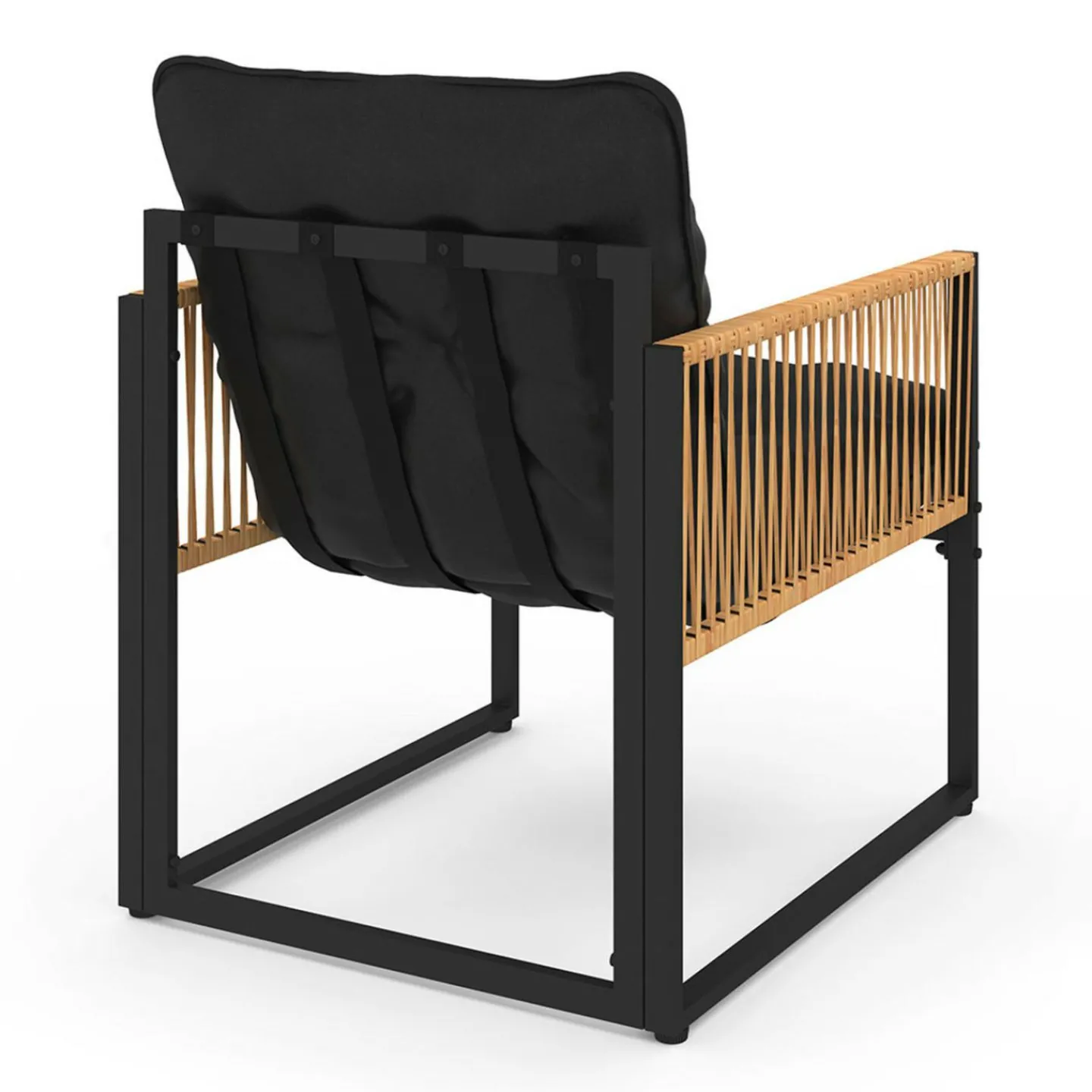 Salon de jardin bas 6 personnes canapés et fauteuils noir et cordage effet rotin clair avec tables basses*IDMarket Clearance