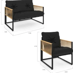Salon de jardin bas 6 personnes canapés et fauteuils noir et cordage effet rotin clair avec tables basses*IDMarket Clearance