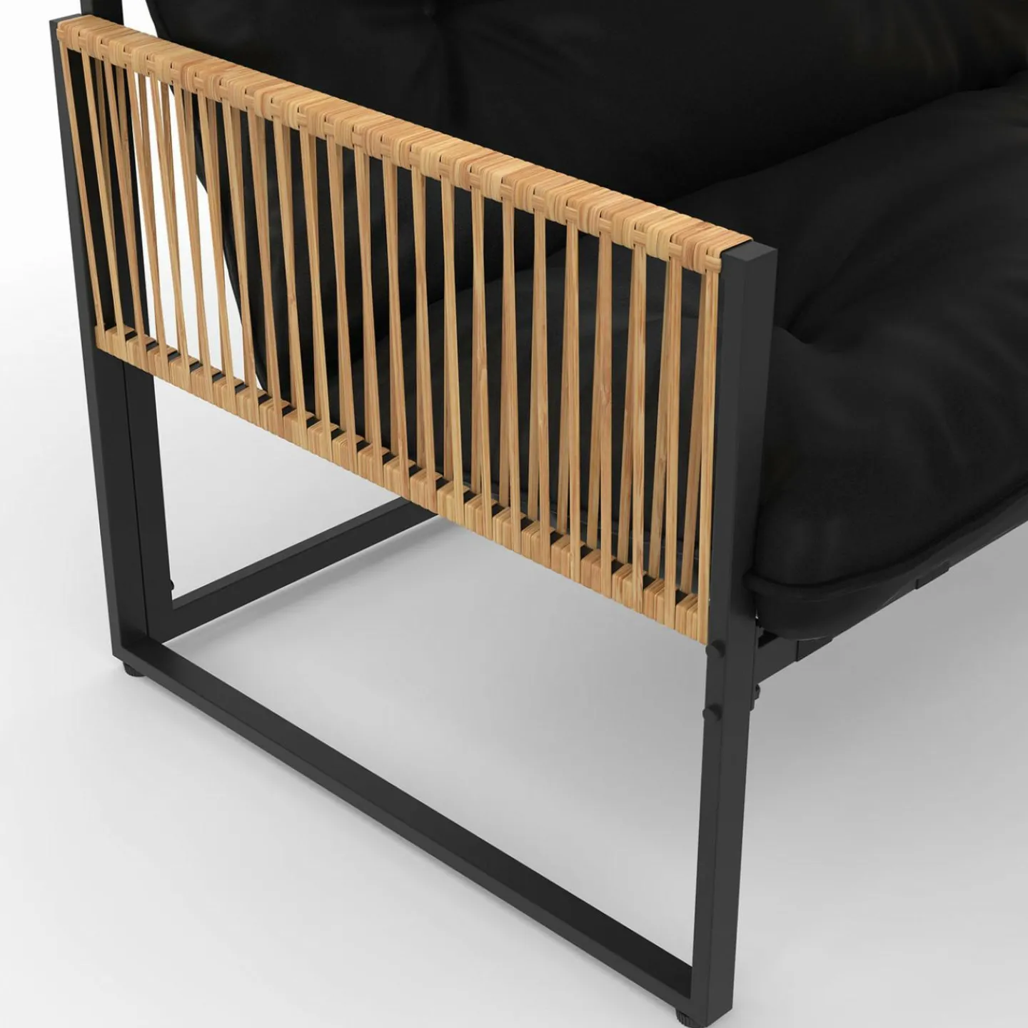 Salon de jardin bas 6 personnes canapés et fauteuils noir et cordage effet rotin clair avec tables basses*IDMarket Clearance