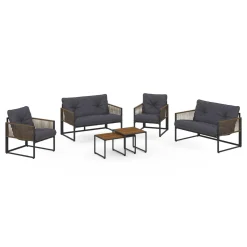 Salon de jardin bas 6 personnes canapés et fauteuils gris anthracite et cordage effet rotin avec tables basses*IDMarket Outlet