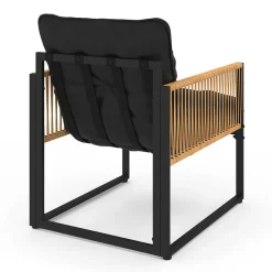 Salon de jardin bas 4 places acier noir, cordage rotin clair et coussins noir*IDMarket Discount