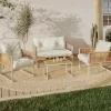 Salon de jardin bas 4 places acier blanc, cordage rotin clair et coussins beige*IDMarket