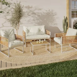 Salon de jardin bas 4 places acier blanc, cordage rotin clair et coussins beige*IDMarket