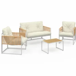Salon de jardin bas 4 places acier blanc, cordage rotin clair et coussins beige*IDMarket