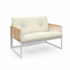 Salon de jardin bas 4 places acier blanc, cordage rotin clair et coussins beige*IDMarket