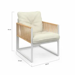 Salon de jardin bas 4 places acier blanc, cordage rotin clair et coussins beige*IDMarket