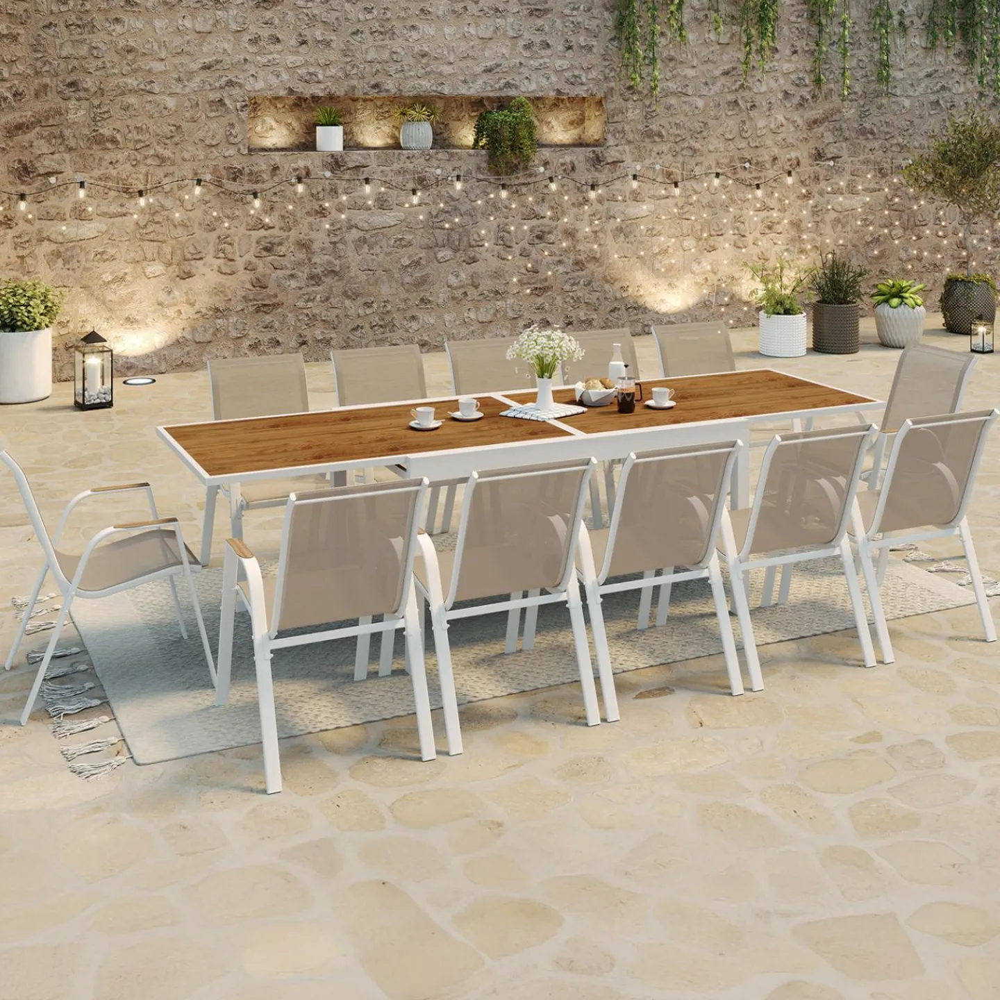 Salon de jardin extensible 12 personnes table 135/270 cm plateau effet bois et chaises empilables blanc et bois*IDMarket Online